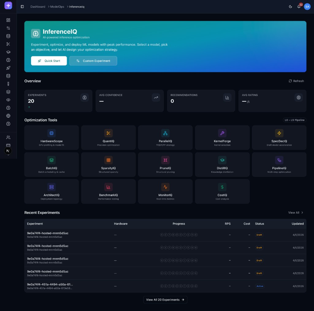 InferenceIQ dashboard for AI-powered inference optimization, experiments, and optimization tools